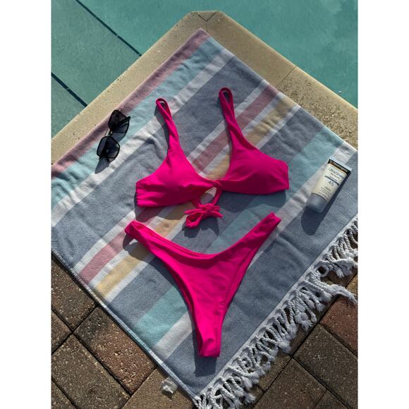 NWOT, Brand Unknown, Hot Pink Bikini Set, Tie Front Top & High Cut Bottom Sz XL - Picture 14 of 14